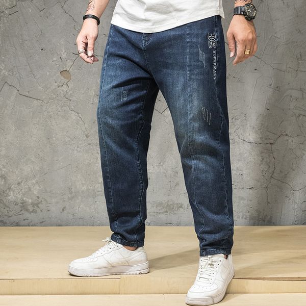 

men's embroidery blue denim pants distressed loose harem jeans plus size 30-46