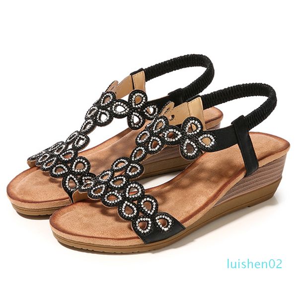 

women summer sandals mid heels wedges shoes woman bohemia plus size shiny crystal deco sandalias mujer sapato feminino l02, Black