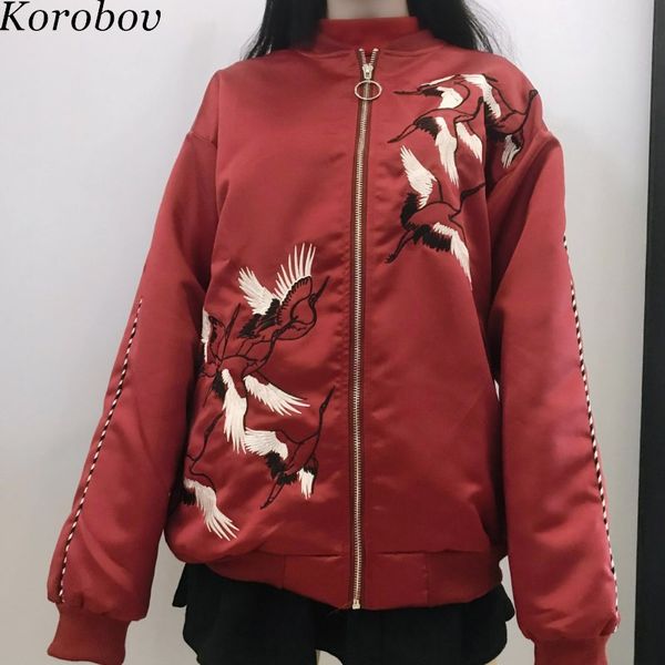 

korobov cartoon embroidery women jackets 2019 new arrival o-neck female coats vintage zipper mujer outwear jacket 76691, Black;brown