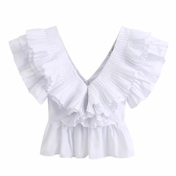 

deep v neck ruffles blouse women backless white shirt female sleeveless holiday beach pleated summer camisas