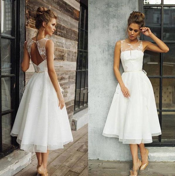 

50s vintage tea length sheer neck wedding dresses backless lace a line short bridal gowns vestido de noiva custom plus size, White