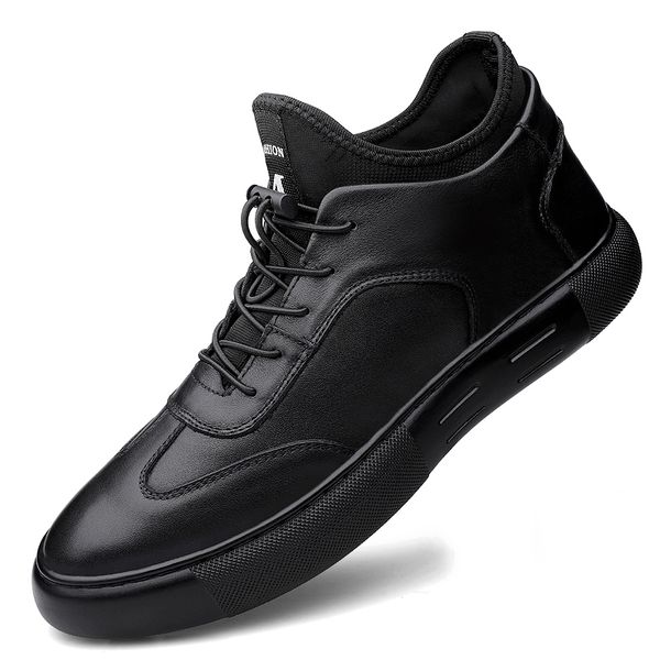 

plus velvet sneakers new trend young men genuine leather casual lace up fashion male shoes leisure comfortable shoes, Black