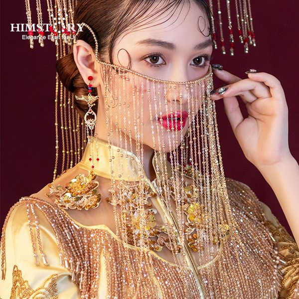 

himstory vintage chinese curtain facial mask handmade gold pearl long chain tassel bridal wedding face jewelry, Golden;white