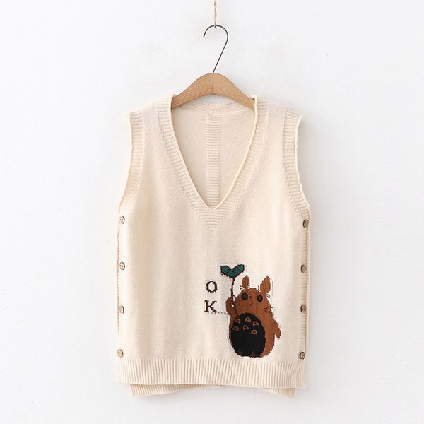

mori girl sweet small fresh simple button cartoon jacquard female knit vest sleeveless sweater pullover 54465, Black;white