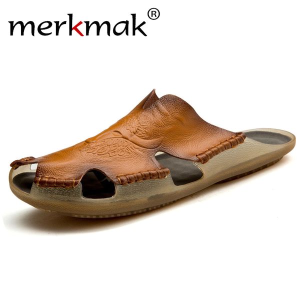 

size 38-48 summer slippers men hollow out breathable beach sandals shoes male casual flats flip flops zapatos leather footwear, Black