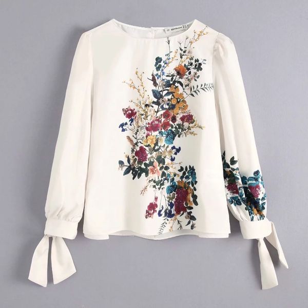 

new autumn women elegant position flower printing casual blouses chic shirts female o neck cuff knotted chic blusas ls4122, White