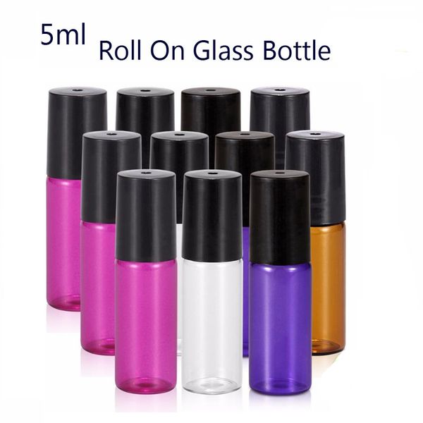 

portable 500pcs 5ml(1/6 oz) mini roll on bottle fragrance perfume glass bottles essential oil steel metal roller ball