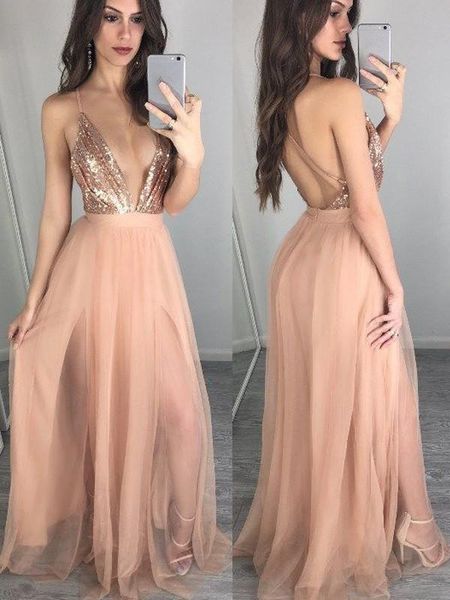 

deep v neck prom dress rise gold sequined backless sheer tulle skirt floor length evening party gowns custom size, Black