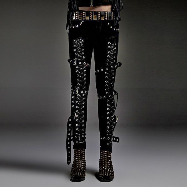 

2019 men's clothing gd hair stylist fashion hip hop non mainstream kill mapants punk stretch riveted plus size costumes, Black