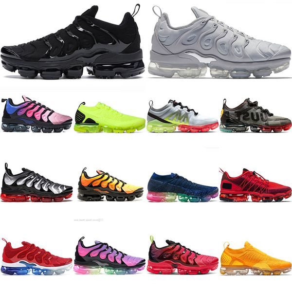 

2020 mens tn plus vapormax flyknit air running shoes triple white black grey blue hyper viole grape sports running shoes 36-47, White;red