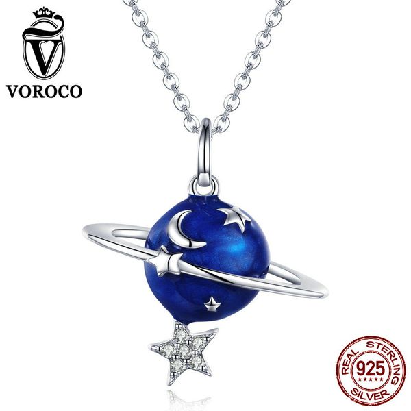 

voroco necklace planet 925 sterling silver blue planet moon star mysterious long pendant necklace woman fine jewelry gift bnn007