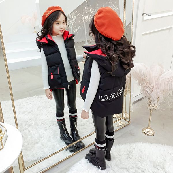 

children's clothing girl's autumn and winter hooded cotton vest new style and all-around korean color block letter vest, Blue