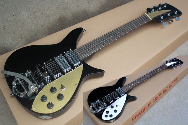 Guitarra personalizada de fábrica elétrica preta com 6 cordas, 527 milímetros Escala LengthChrome Hardware, Whitegold Pickguard, Tremolo do sistema, pode ser personalizado