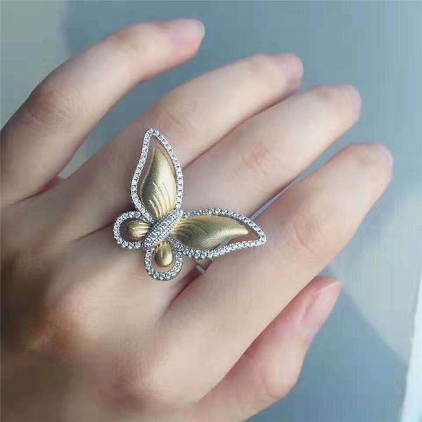 

cute female big yellow gold butterfly ring promise 925 silver love engagement ring vintage wedding band rings for women, Slivery;golden