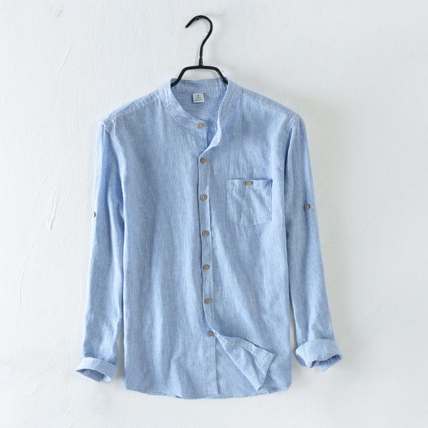 

2020 мужчины осень ретро полосы стенд воротник рубашки молодежная дышащая повседневная рубашка, White;black