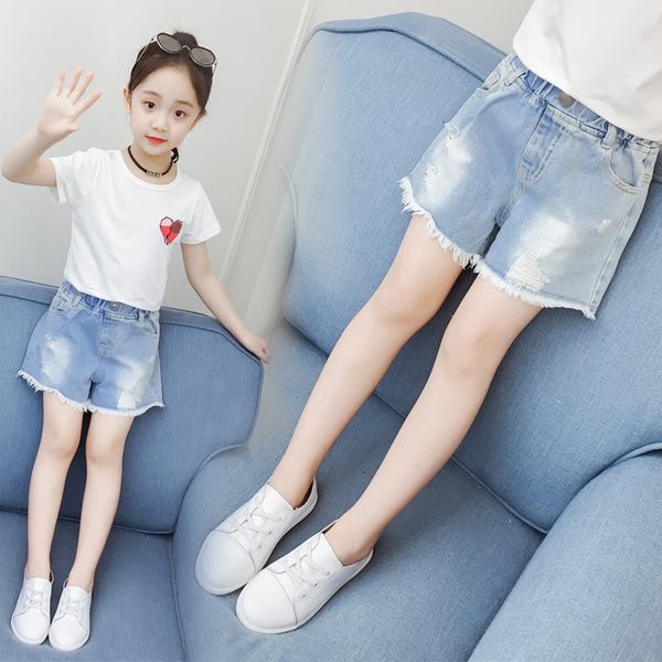 

girls' denim shorts 2020 summer medium and large children's thin children's hollowed shorts pants foreign style pants fashion, Blue