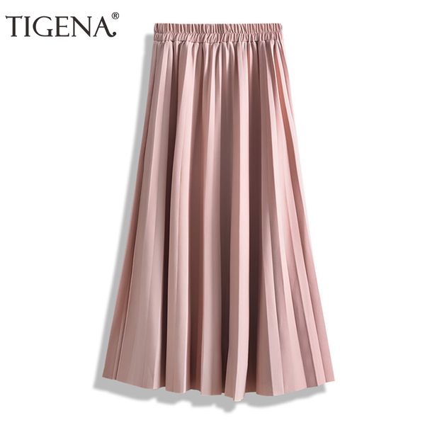 

tigena midi long pleated skirt women fashion 2020 spring summer korean a line elastic high waist school skirt female ladies, Black