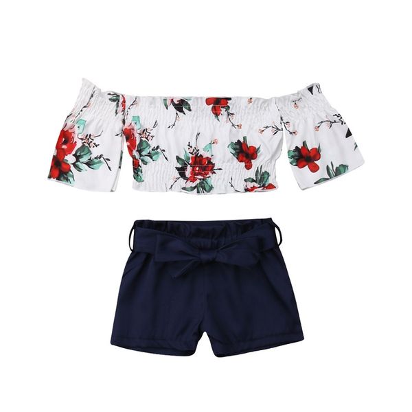 

1-6y toddler kids baby girl flower off shoulder crop shorts outfits baby sunsuit outfit, White