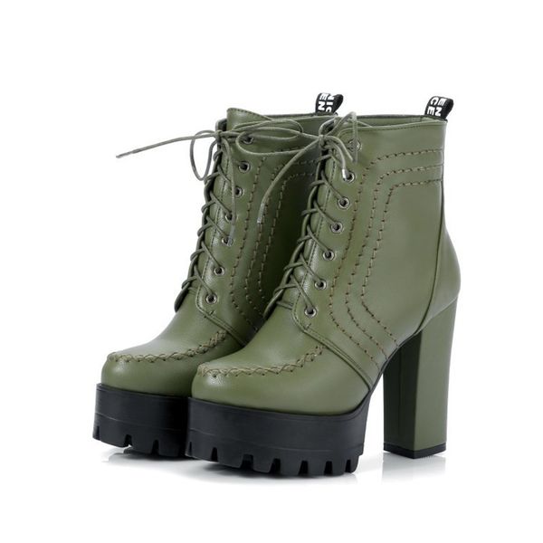 

2018 spring autumn sexly women boots high square heels 12cm platform lace up pu leather ankle boots classic green ladies shoes, Black