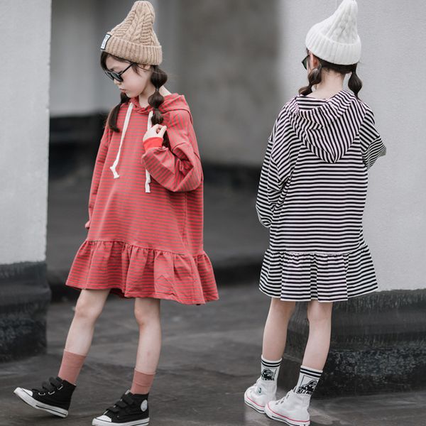 

girls dress 2019 autumn new kids sweatshirt dresses loose hooded striped teenage girls dress bc788, Red;yellow