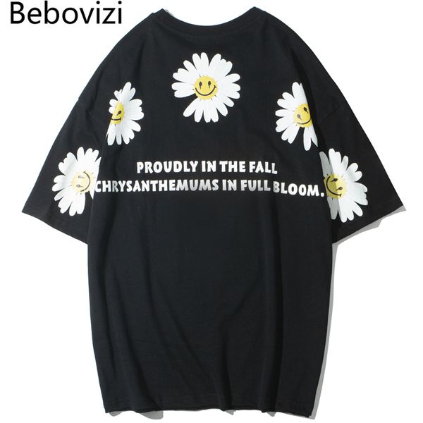 

bebovizi fashion trend daisy print hip hop t shirts men streetwear summer tshirt cotton short sleeve oversize t-shirt clothes, White;black