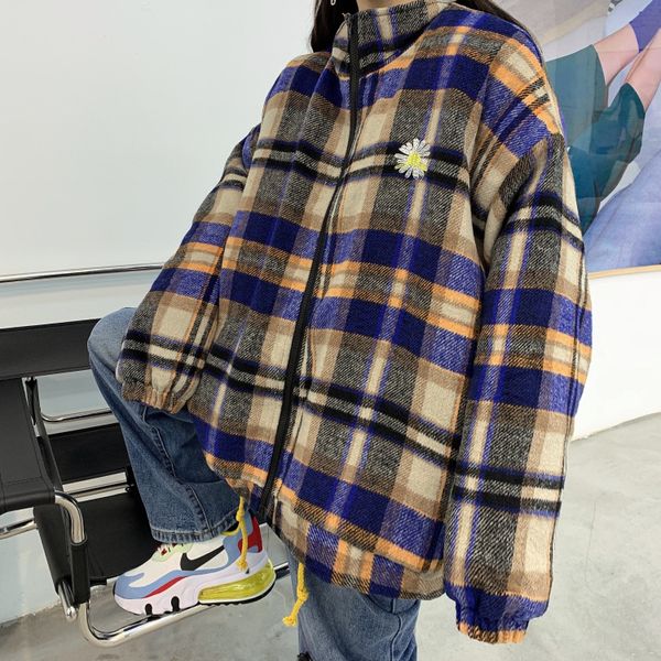 

women's jackets 2021 korean version vintage jacket retro plaid flower embroidery baseball loose cotton thick coat, Black;brown