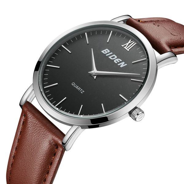

biden classic business watch men waterproof quartz analog clock sports watches genuine brown leather strap fashion wristwatches, Slivery;brown