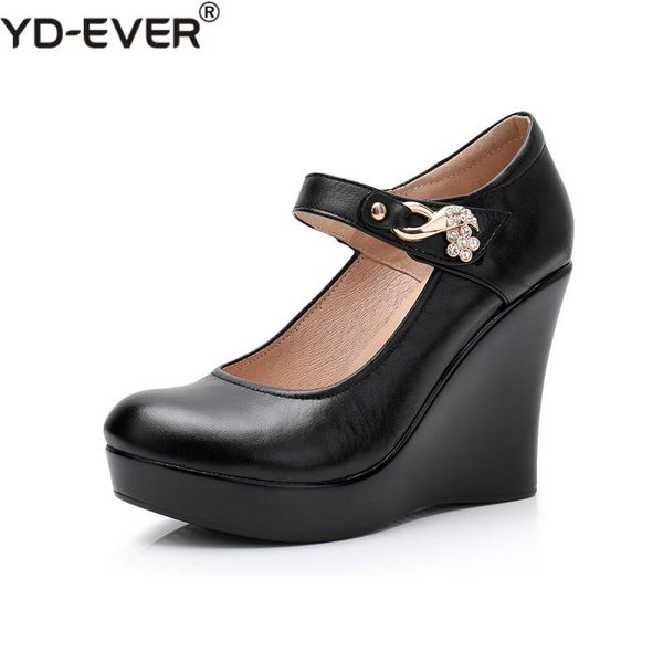 

2020 spring autumn genuine leather women's fashion high heels pumps wedges black color female platform shoes large size