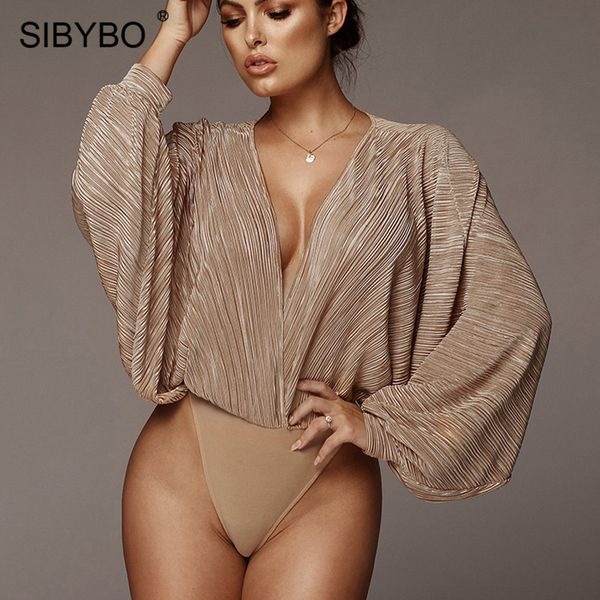 

sibybo deep v-neck patchwork bodysuit women fashion long sleeve loose women rompers spring casual bodysuit jumpsuit 2019, Black;white