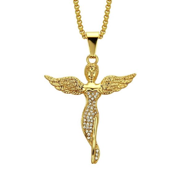 

fashion zircon golden angel goddess pendant necklace exaggerated long sweater chain hip hop rock party trend jewelry, Silver