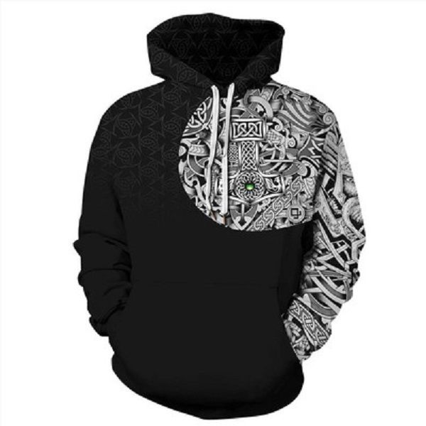 

fashion men hoodies viking tattoo 3d all over printed hoodie streetwear casual hooded sweatshirt drop ship, Black