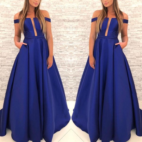 

wholesale- custom made royal blue a line prom dresses off the shoulder satin ruched evening gowns with pockets, Black