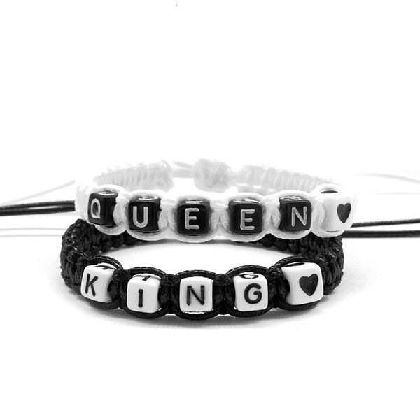 

2pcs/pair fashion couple bracelets king queen with black heart beads rope chains size adjustable lovers gifts charm bracelets, Golden;silver
