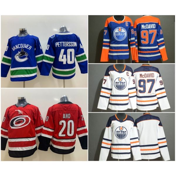 

Youth Kids Carolina #20 Sebastian Aho Hurricanes Vancouver Canucks #40 Elias Pettersson Jerseys Edmonton Oilers #97 Connor McDavid Stitched