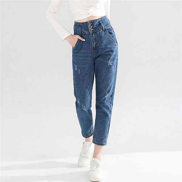 

pant jeans women fashion high waist button zipper pocket denim autumn streetwear washed ripped jeans for women pants e21, Blue