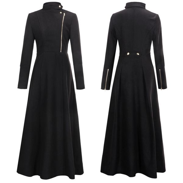 

casual solid long women wool coat slim zippers long winter jacket turn-down collar office black cashmere coat 2018