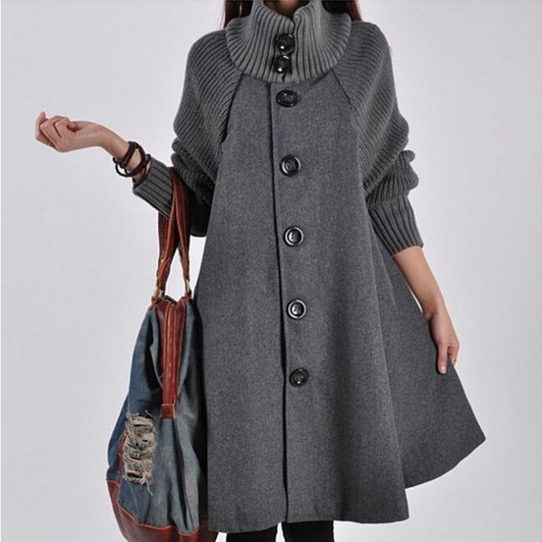 

new women's windbreaker thickening solid color woolen coat female loose warm coat large size europe and america cape cloak, Black