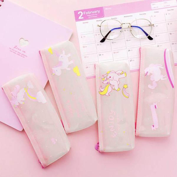 

new cartoon pink pencil case transparent unicorn leopard pen bag staionery pouch gift pencilcase school supplies zakka