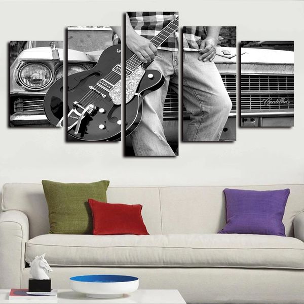 

5 piece giclee canvas prints wall art guitar car black white pictures poster paintings for living room bedroom home decor