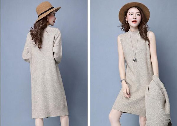 

2018 winter women's knitwear two-piece sweater cardigan jacket long vest dress sweater set, Black;white