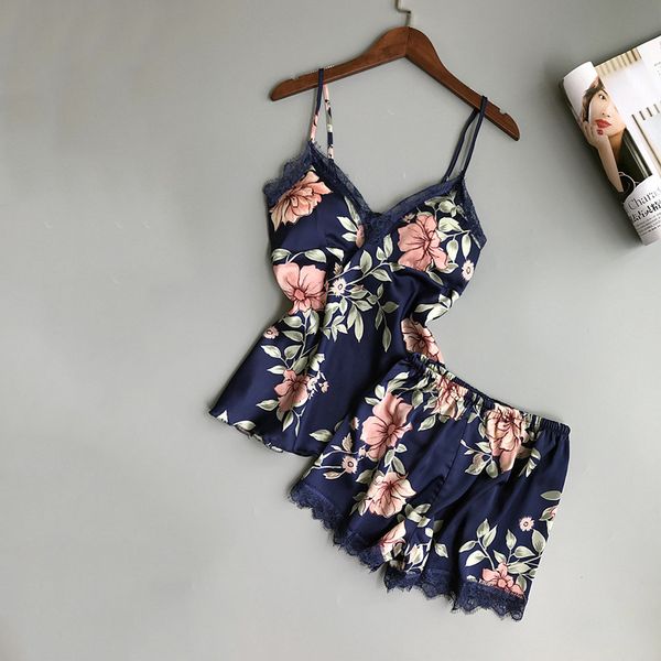 

sleep lounge pajama set satin sleepwear women summer pyjama femme fashion flower pajamas for women with chest pad, Black;red