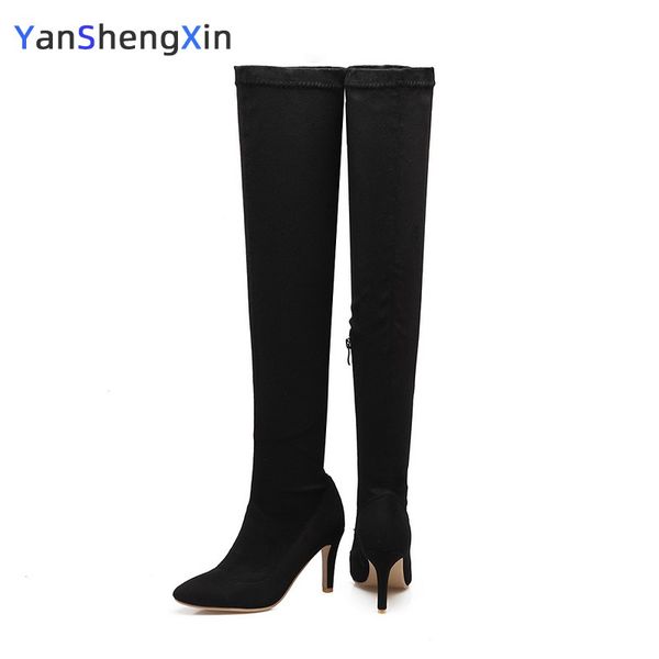 

wholesale brand thin high heels genuine fur over the knee shoes woman boots party shoes woman boots female plus size 33-46, Black
