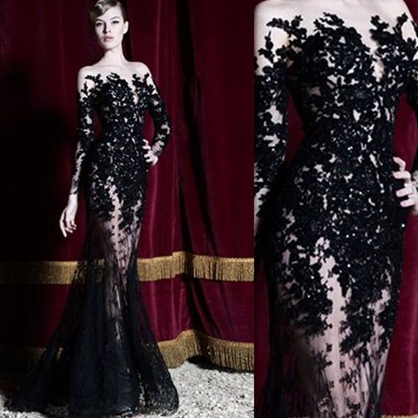 

2019 zuhair murad evening dresses long sleeves black lace sheer mermaid prom dresses party gowns long special occasion dubai arabic dresses