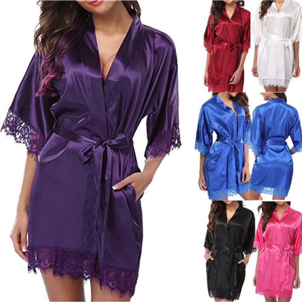 

us women's robe silk satin robes wedding bridesmaid bride gown kimono solid robe, Black;red