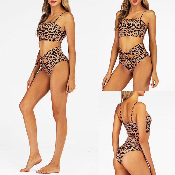 

womens two piece bikini set vintage leopard swimsuit bandeau high waist cutout tie knot front bottoms bathing suit