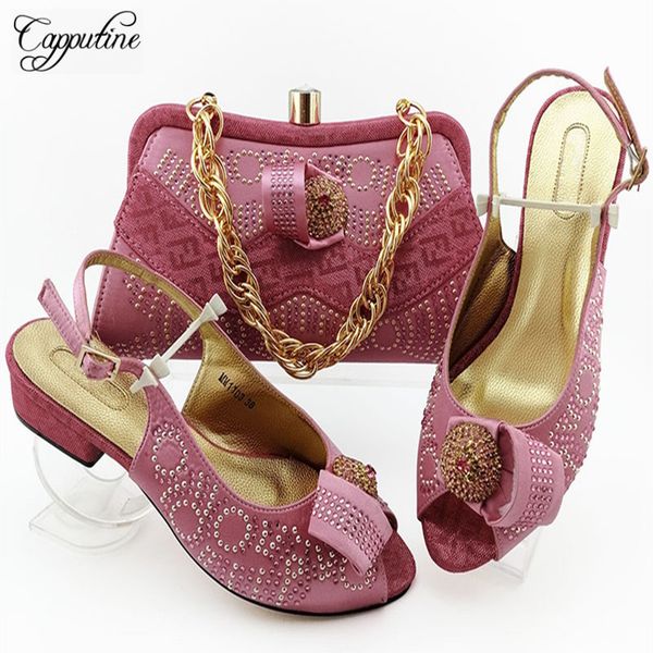 

summer style italian woman rhinestone pumps shoes and bag set latest african pu leather shoes with matching bags for wedding, Black
