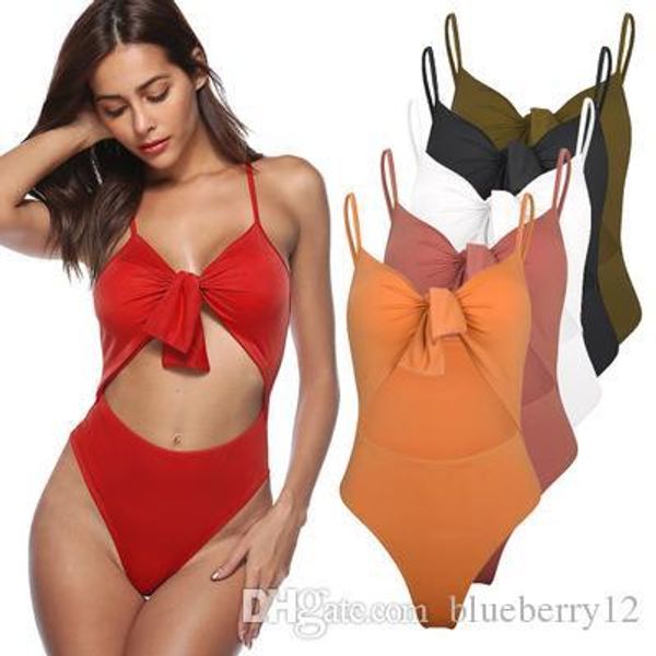 

womens bikini one piece solid swimsuits new design bow push up hollow out bathing swimwear for summer holiday, White;black