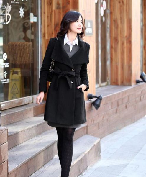 

korean version womens woolen coat outwear women's windbreaker woolen in long jacket, Black