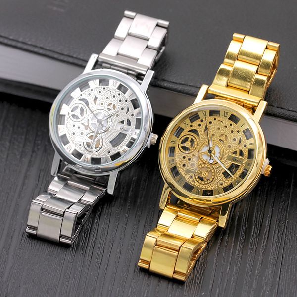 

fashion business skeleton watch men engraving hollow reloj hombre dress quartz watch stainless steel band womens watches, Slivery;brown