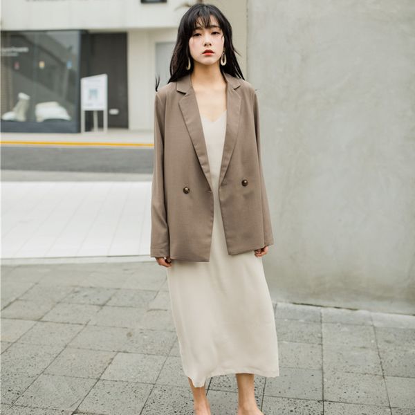 

ewq] 2019 spring autumn new pattern v-collar long sleeve solid patchwork double button casual suit coat women ag40116l, White;black